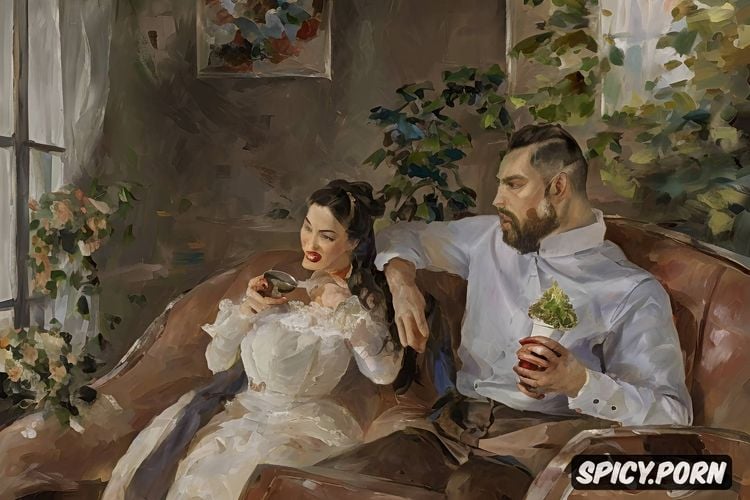 garden, tongue out, chubby, vampire, drinking coffee, husband and wife on couch