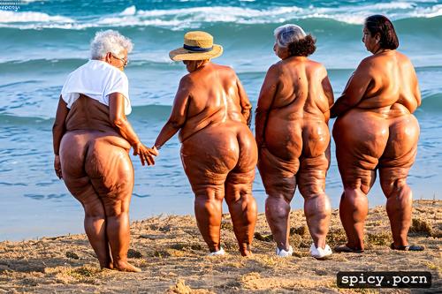 centered, outdoor, shaved pussy, four mexican grannies standing at beach