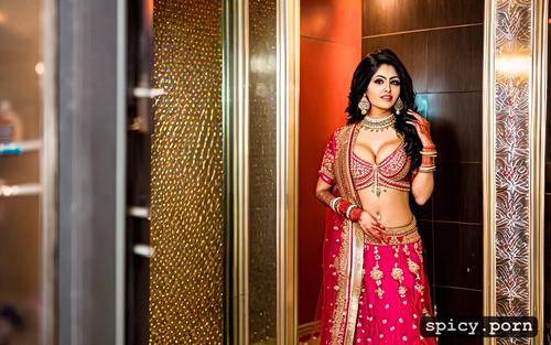 sexy indian bride with short dark hair, and bangs standing in mens bathroom where dick in poping out from the wall