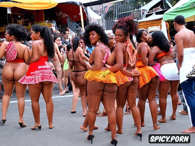 oiled body, naked, ebony women, spectators, big tits, thick