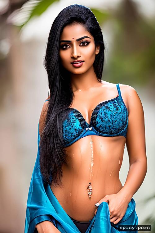 no innerwear, wet, black hair, indian lady, athletic body, saree