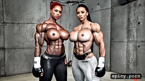 big breast, in the ring versus 6 weak women, very muscular, scar