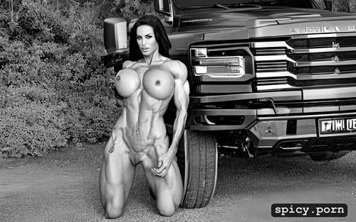 nude muscle woman pulling heavy vehicle, perfect face, style photo