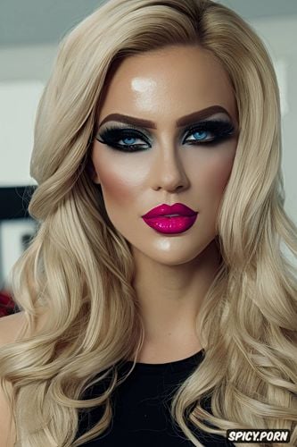blonde bimbo, over the top makeup, pink lipstick, glossy lips
