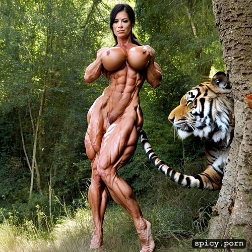 massive abs, strength effort, style photo, tiger chewing on tits