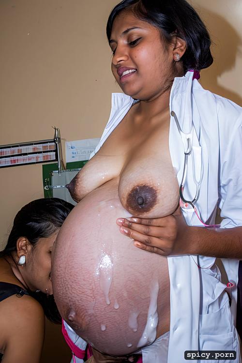 female doctor inspecting, schooldress, breastmilk leaking out of her nipples