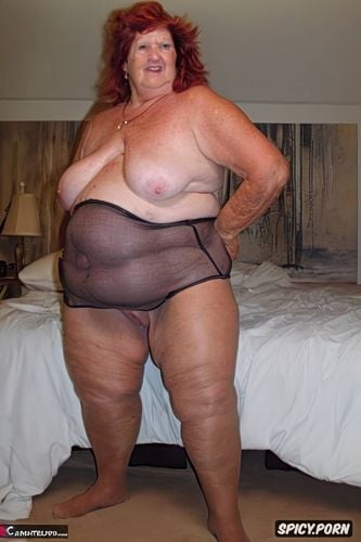 shaved, an old fat granny standing naked with obese belly, venus mound