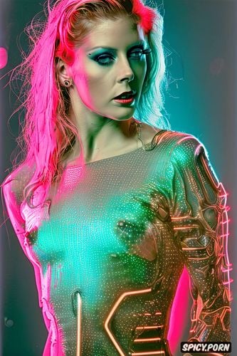 detailed realistic nipples, retrowave neon hair, futuristic retrowave