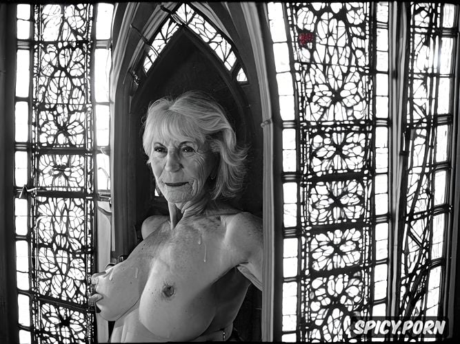 ribs showing, stained glass windows, lesbian, cathedral, hollow hanging belly