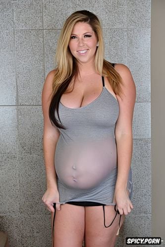 large saggy breasts, three quarter body shot, large pregnant belly