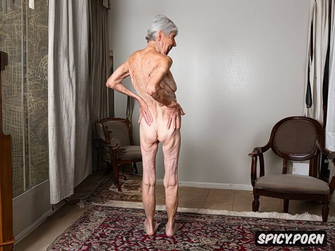 bony, kneeling, indoors, very old granny, grey hair, point of view