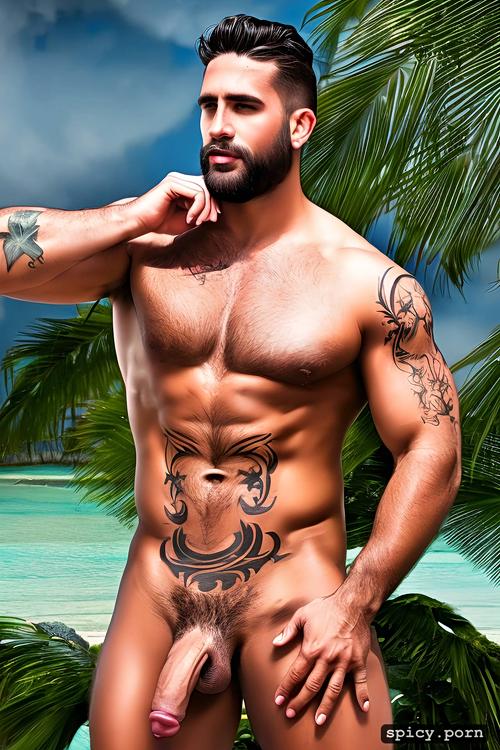 dark haired tattooed 30 year old man sergio ramos face handsome with a beard beautiful muscular pubic muscle very large erect penis on the beach