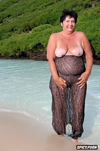 standing on the beach, short black hair, insanely completely large very fat floppy breasts