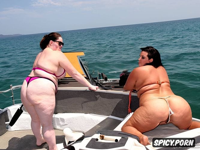 from behind, giant fat ass, on a boat, asshole visible behind thong
