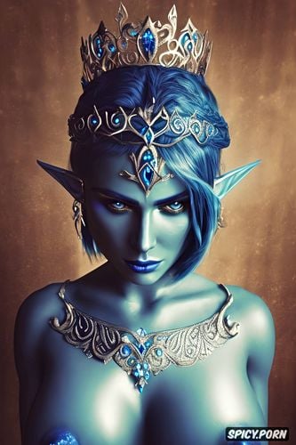k shot on canon dslr, amazonian elf queen fantasy elder scrolls beautiful face short blue hair blue skin tiara topless