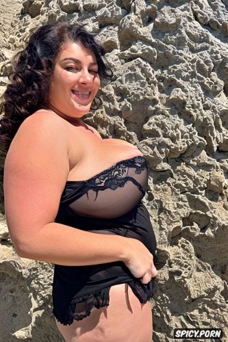 color photo, big chubby hooters, beach, huge hanging tits, front view