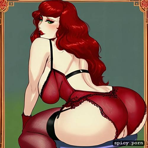 voluptuous, red headed female with green eyes, ruby red lips wearing red floral corset