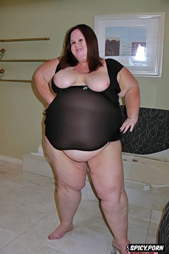 loose saggy skin, cellulite, big fat pussy, shaved pussy, an old fat english milf standing naked with obese belly