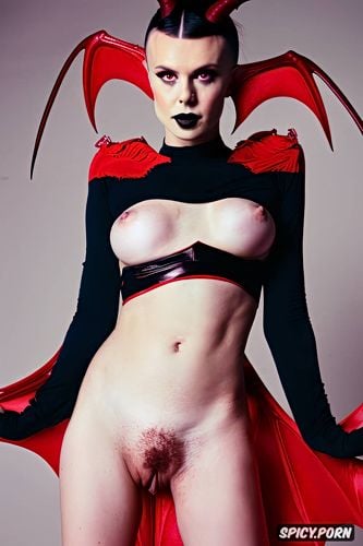 very small breasts, dark red costume, goth, millie bobby brown