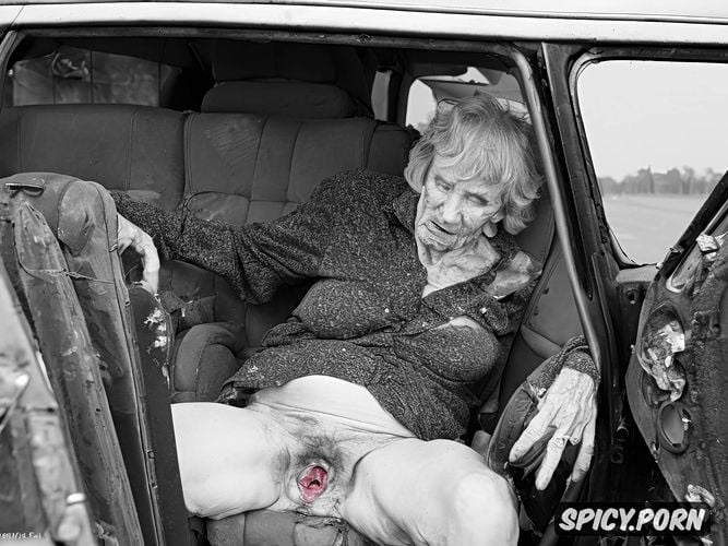 dirty old abandon car, very old granny, lying in the backseat of a wrecked car