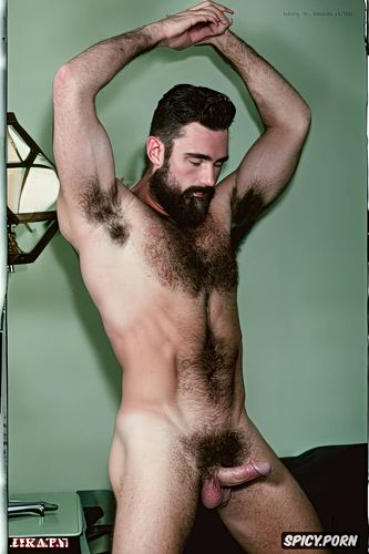 very white body, hands on head bed, showing full body, gay, lot of man with a very hairy dick dick soft and perfect face
