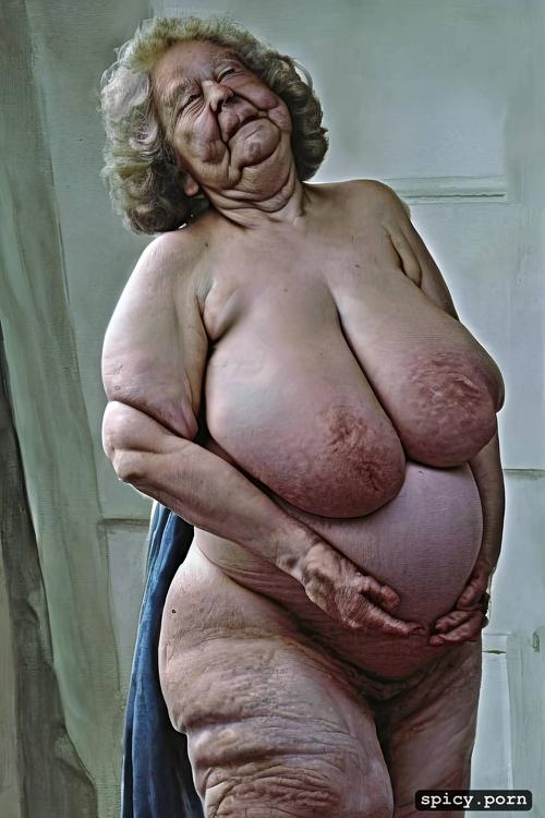 naked, short hairs, pregnant, wrinkly body, fat thighs, wrinkly face fat saggy belly