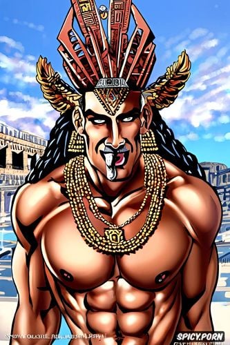 sexy figure, aztec gods, jewellery, many golden necklaces, beautiful handsome face