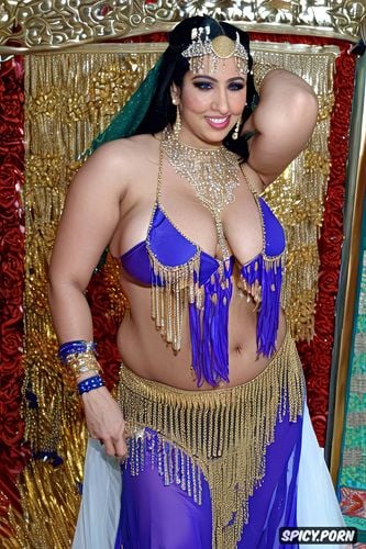 beautiful curvy body, belly dance studio, symmetric torso, symmetric hanging boobs