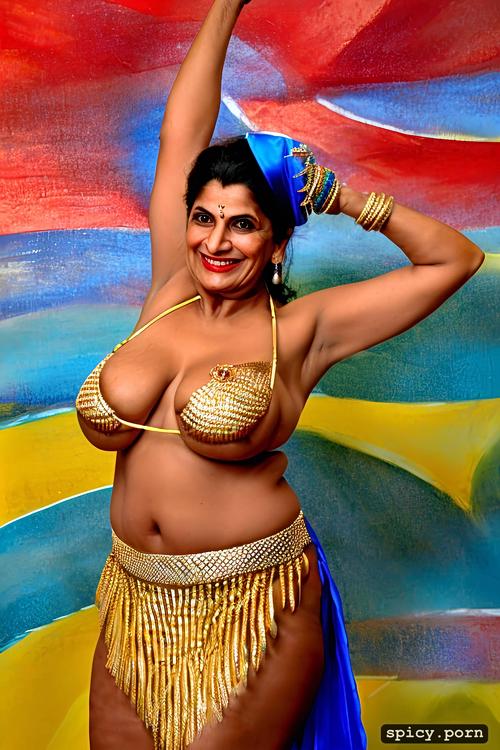 color photo, giant hanging boobs, performing on stage, intricate beautiful dancing costume with bikini top