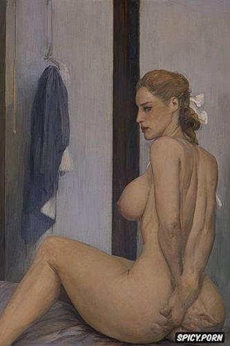 félix vallotton, pale, looking at viewer, naked, black lace stockings