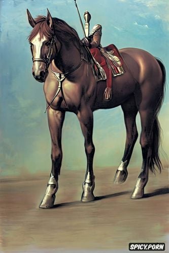 low angle shot, caballus, space age, sabre rider, pyotr krivonogov oil painting