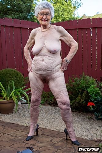 saggy, old irish granny, shapely, gilf, background patio, big saggy tits