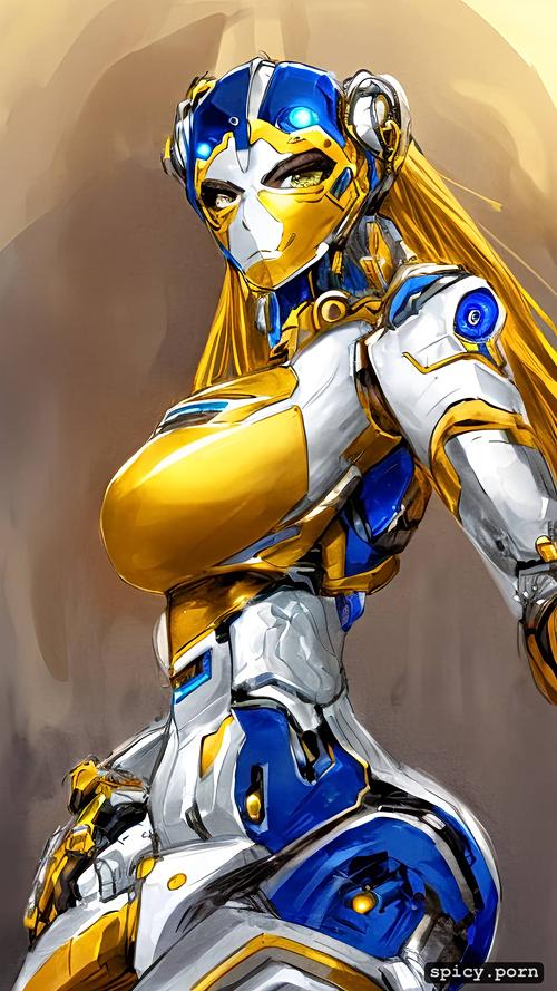 intricate, highly detailed, mech, yellow and blue colors, centered