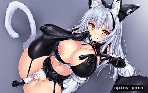 embarrassed, ahegao, athletic body, woman, catgirl, animal fox tail