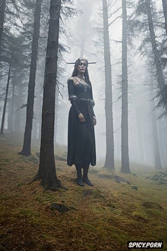 slender pagan viking witch woman, braided hair, in the forest