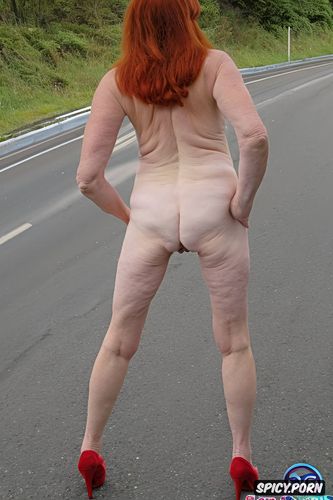 on the highway, pale skin, fully naked, cum on tits, petite irish female granny