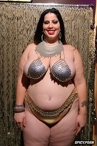 pearls and color beads, beautiful smiling face, very wide hips