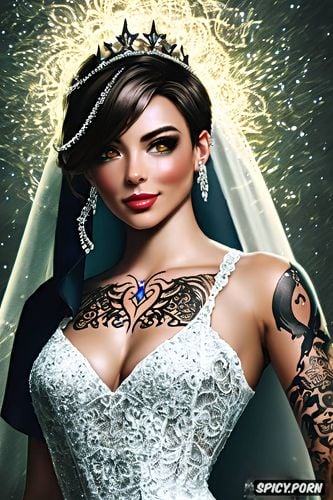 high resolution, k shot on canon dslr, tattoos masterpiece, tracer overwatch beautiful face young tight low cut black lace wedding gown tiara