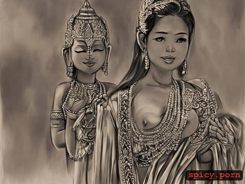 khmer girl, charcoal, intricate crosshatch, khmer temple background