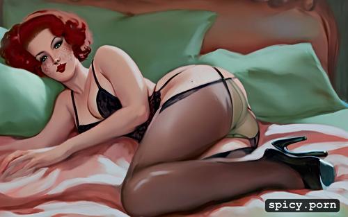 pale complexion, 50 s pin up, seductive, black stockings, short red hair