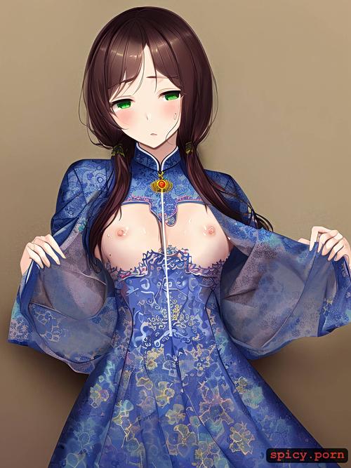 small boobs, green eyes, transparent cheongsam dress, hair braid