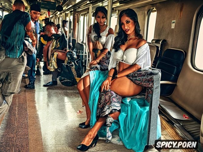 wide shot, shot with sony alpha a7r iv, a desi mahila is opening her legs to reveal a hidden vagina while in a train sitting facing the camera