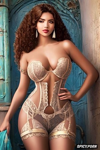 full shot, curly hair, hot body, cute face, exotic woman, corset