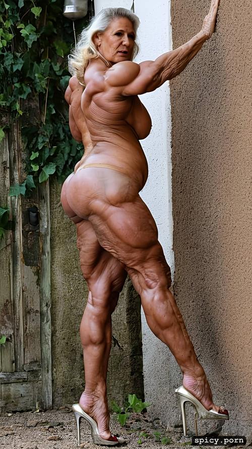 nude, ultra realistic, big pussy spread, gorgeous granny chubby muscle lady