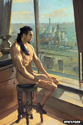 background city in myst, light from window, ilya repin painting nude handsome man soldier sitting on stool in kitchen and looking at me near the window