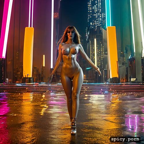 full body nude, masterpiece, joanna cassidy 25 years old with skin covered by neon glitter
