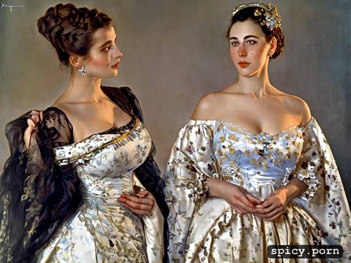 19th century, freckles, big glossy innocent eyes, elaborate court dress