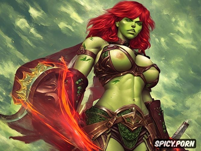 green skin milf, muscled, battlefield, masive boobs, beautiful and angry face