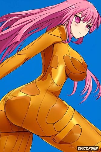 blue details on suit, side view, pixy cut pink hair, correct human anatomy