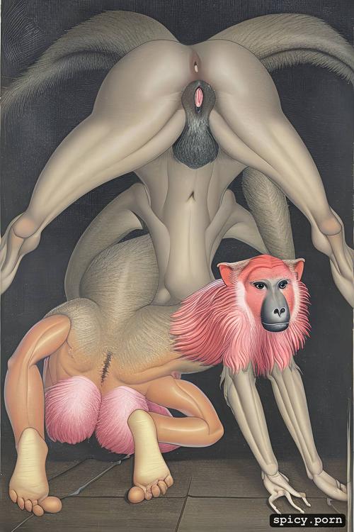 baboon, asian woman crawling, entirely black background, twisting torso
